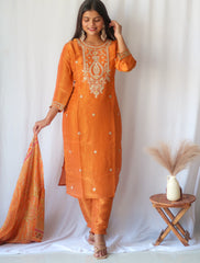 Rust Zariwork Soft Tissue Shimmer Suit Set (Slim Fit) - Diwali Drop 2.0