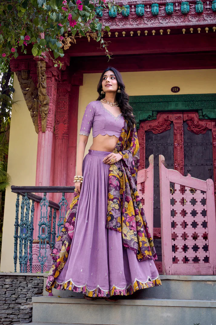 Vichitra Silk Embroidered Lehenga with Sequins & Kalamkari Print Border – Festive & Wedding Wear