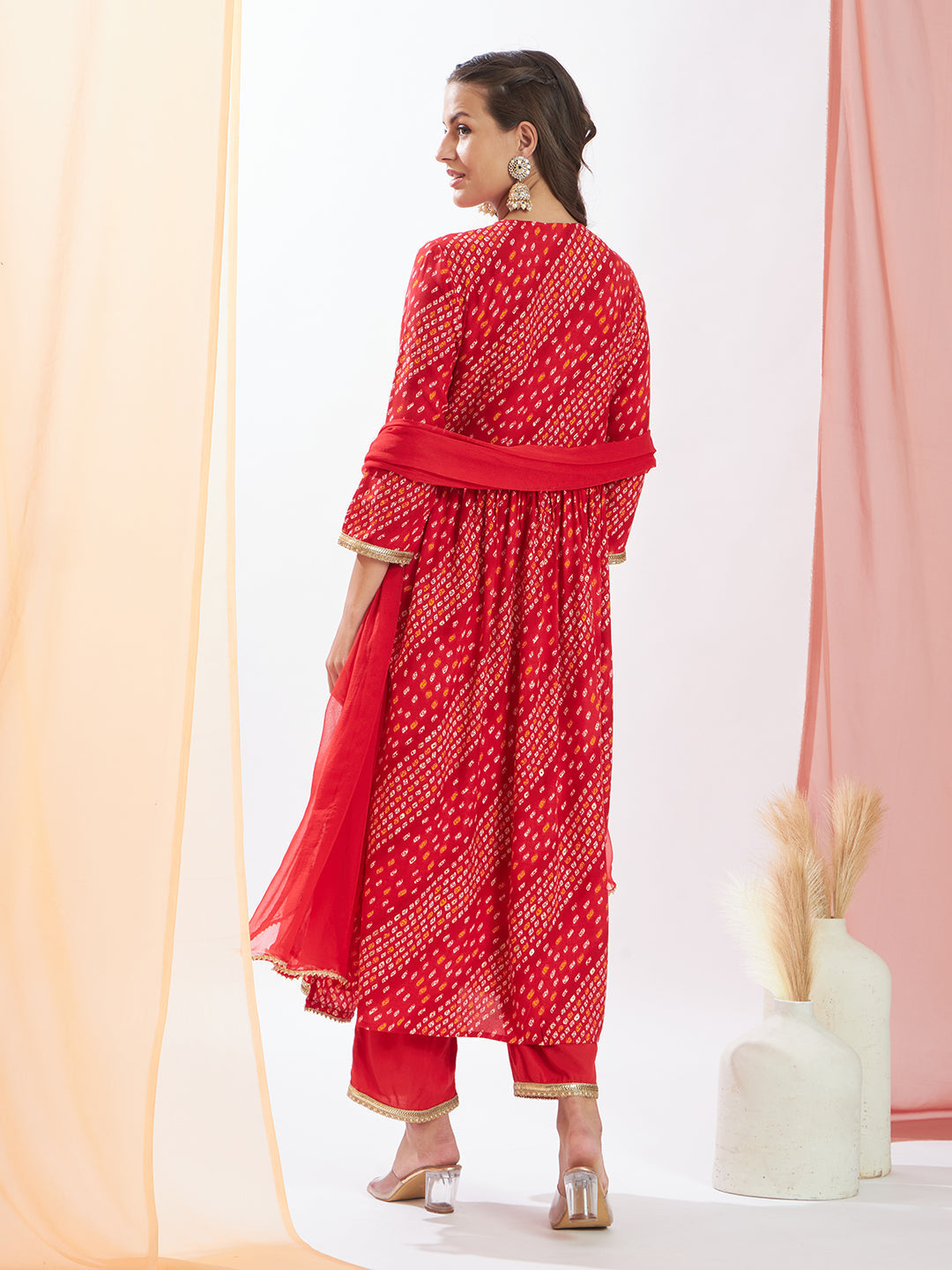 Red Bandhani Printed Kurta Set with Chiffon