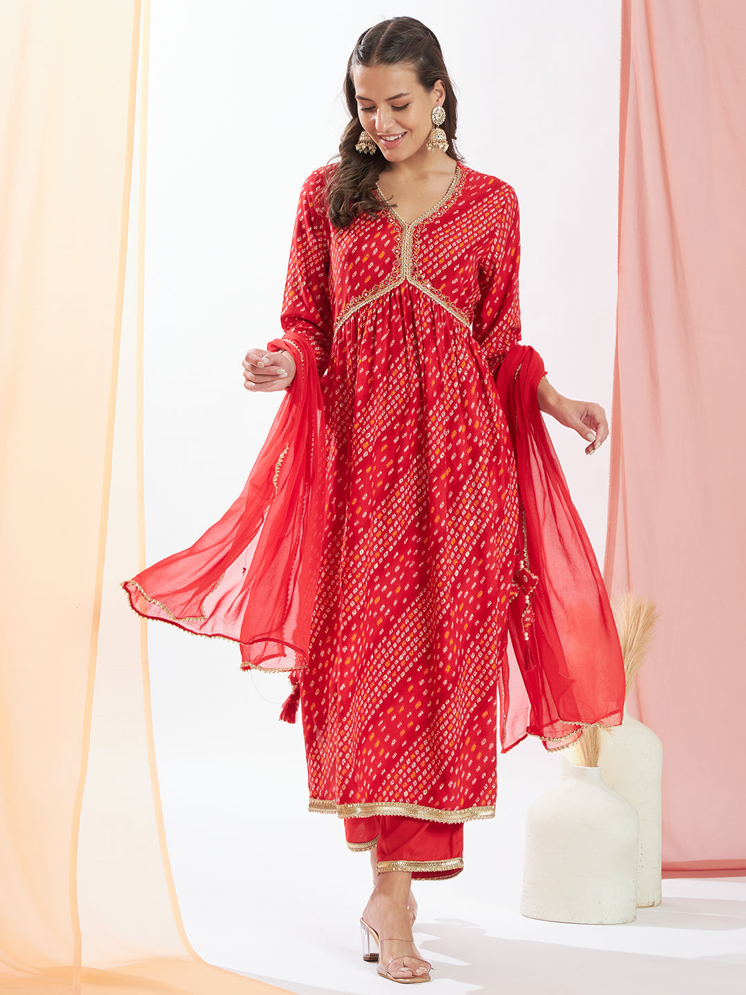 Red Bandhani Printed Kurta Set with Chiffon