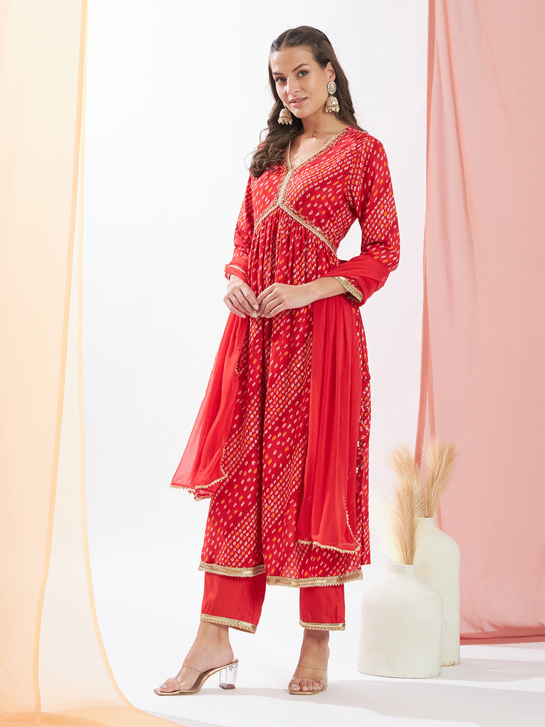 Red Bandhani Printed Kurta Set with Chiffon