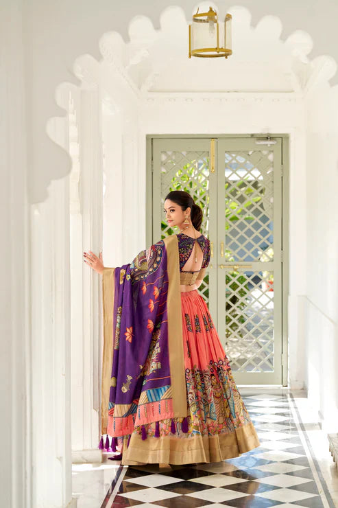 Dola Silk Kalamkari Print Lehenga Set with Zari Weaving Border – Festive & Wedding Wear
