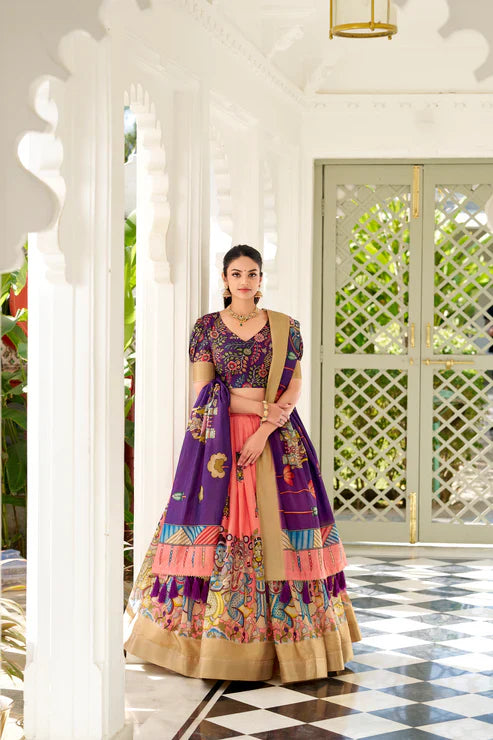 Dola Silk Kalamkari Print Lehenga Set with Zari Weaving Border – Festive & Wedding Wear