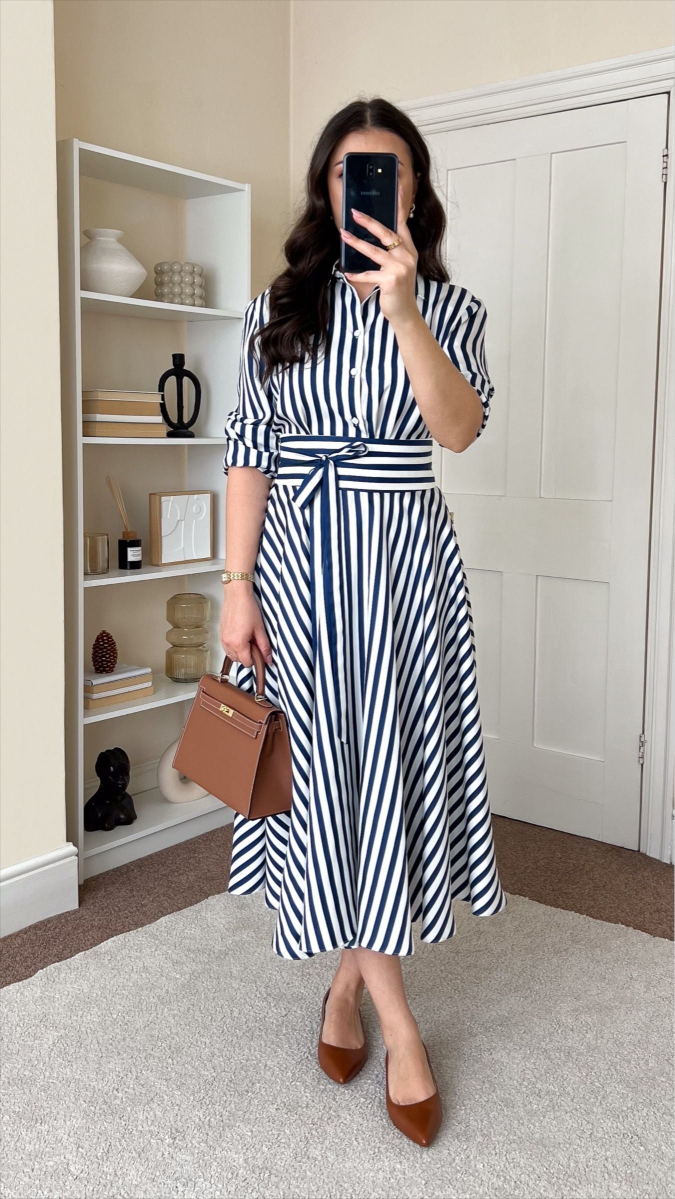 Crisp White Dress with Dark Blue Stripes – Detachable Shirt & Skirt, Versatile & Stylish