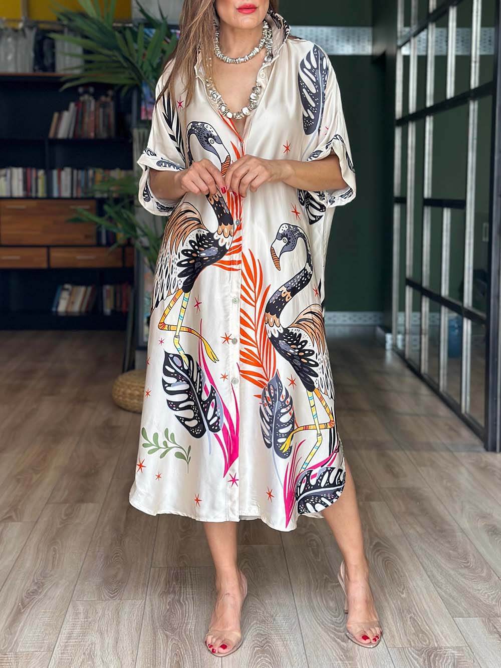 Tropical Dodo Print Velvet Dress for Women – Soft, Flowy & Bold