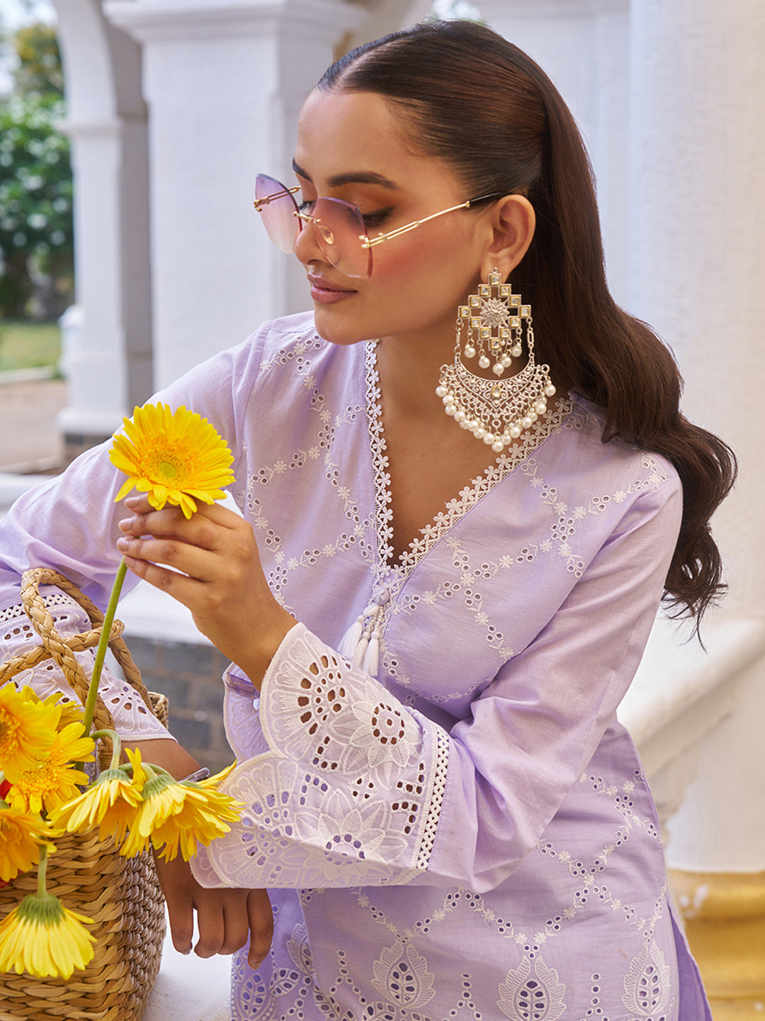 Lavender Pastel Cotton Schiffli Co-ord Set