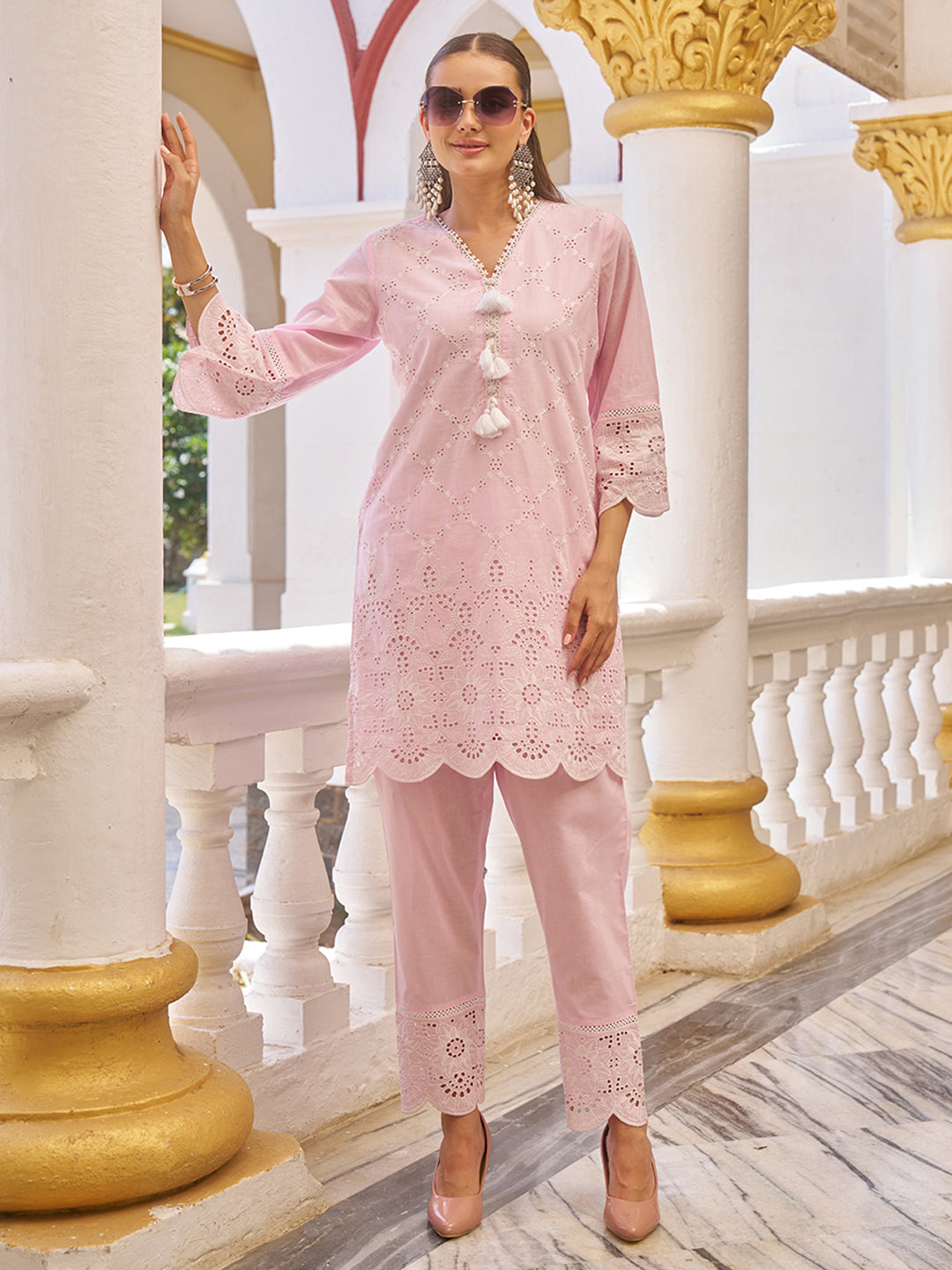 Pink Pastel Cotton Schiffli Co-ord Set
