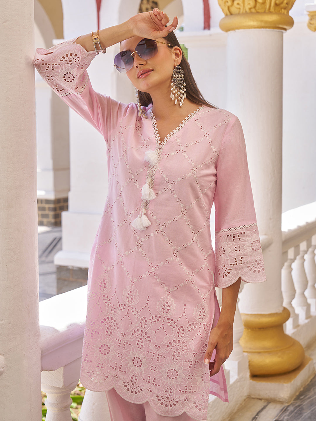 Pink Pastel Cotton Schiffli Co-ord Set
