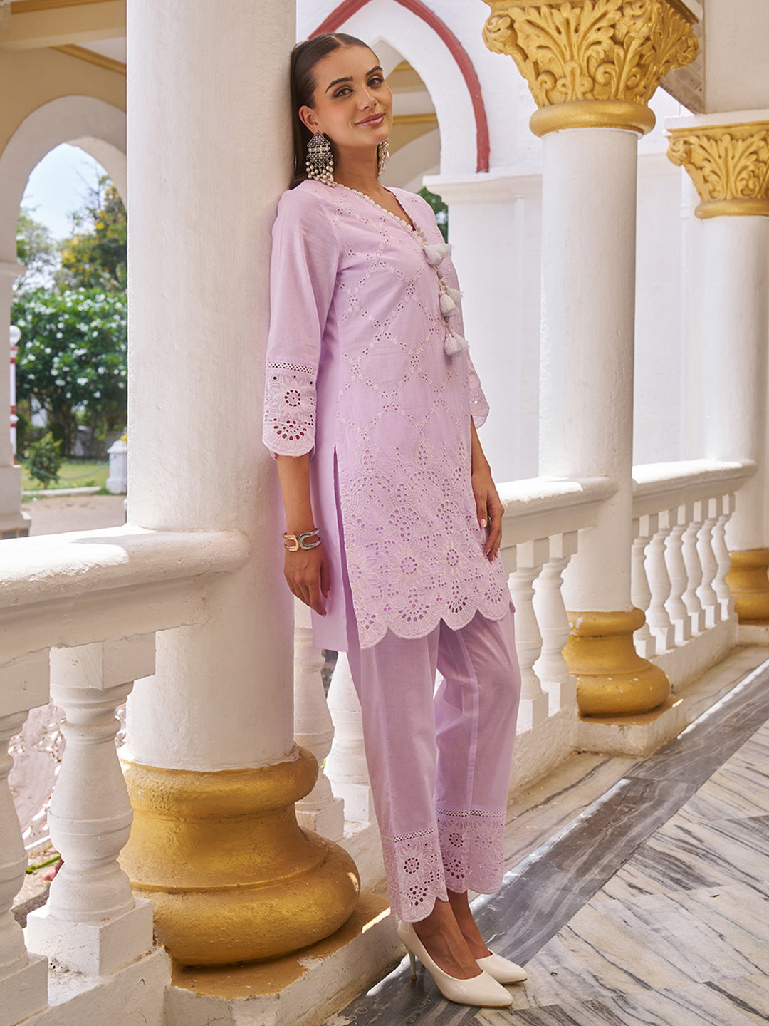 Lilac Pastel Cotton Schiffli Co-ord Set