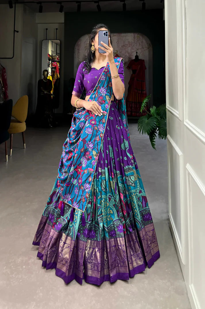 Stitched Tussar Silk Lehenga with Kalamkari Print & Foil Work Border