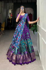 Stitched Tussar Silk Lehenga with Kalamkari Print & Foil Work Border
