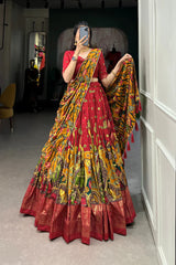 Elegant Tussar Silk Lehenga with Kalamkari Print & Foil Work Border – Stitched Lehenga Set
