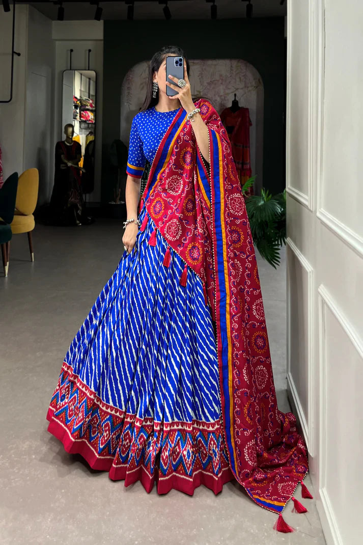 Festive Leheriya Tussar Silk Lehenga Choli with Patola Border and Bandhani Dupatta