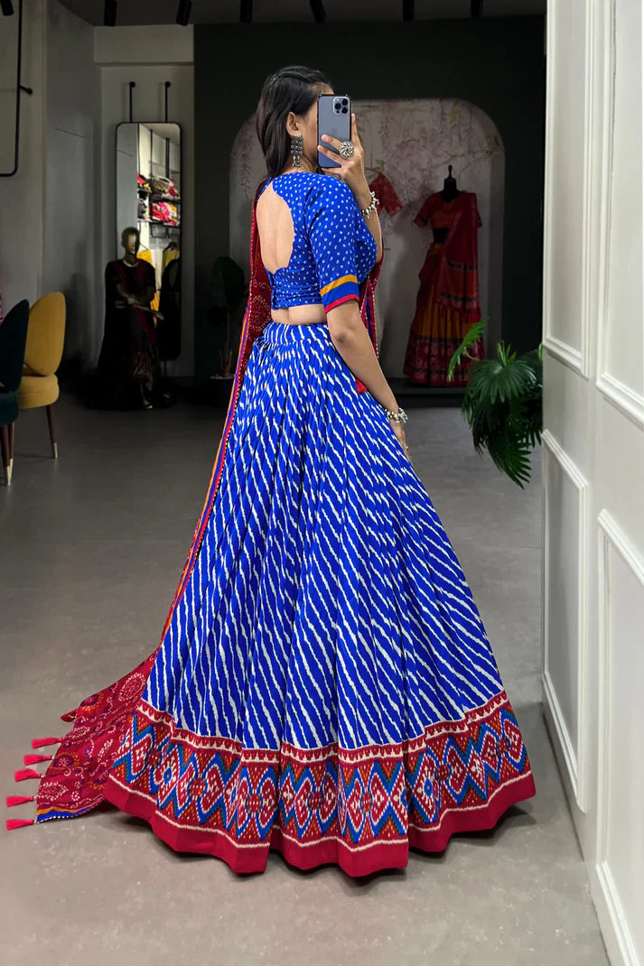 Festive Leheriya Tussar Silk Lehenga Choli with Patola Border and Bandhani Dupatta
