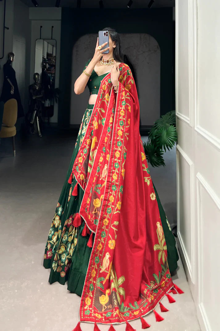 Traditional Tussar Silk Lehenga with Foil Print and Gotta Patti Lace Border