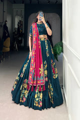 Tussar Silk Lehenga with Printed & Foil Work and Gotta Patti Lace Border