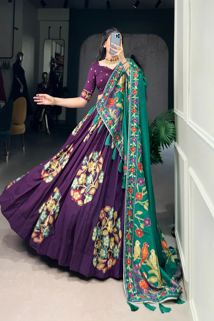 Tussar Silk Lehenga with Printed & Foil Work and Lace Touch Up