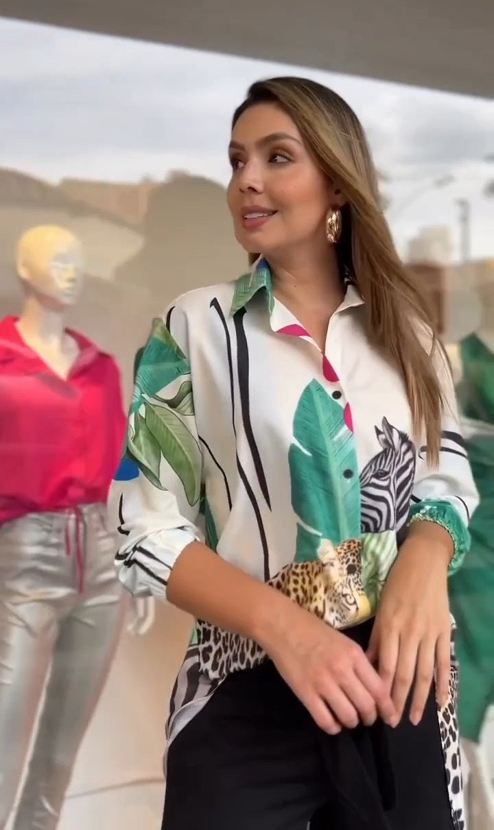 Savanna Printed Silk Satin Shirt for Women – Bold, Tropical & Luxurious