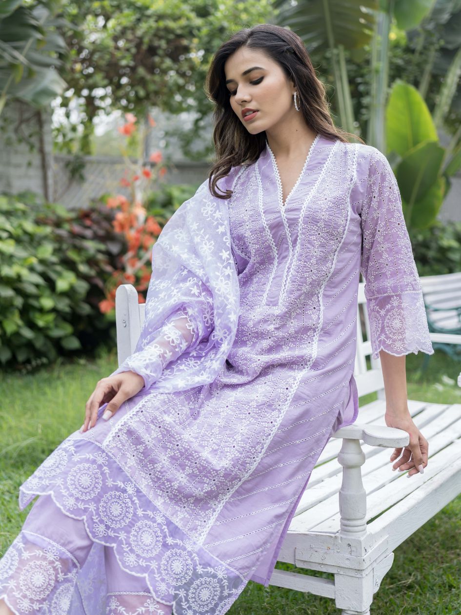 Lilac Schiffli Embroidered Pure Cotton Kurta Set with Organza Dupatta