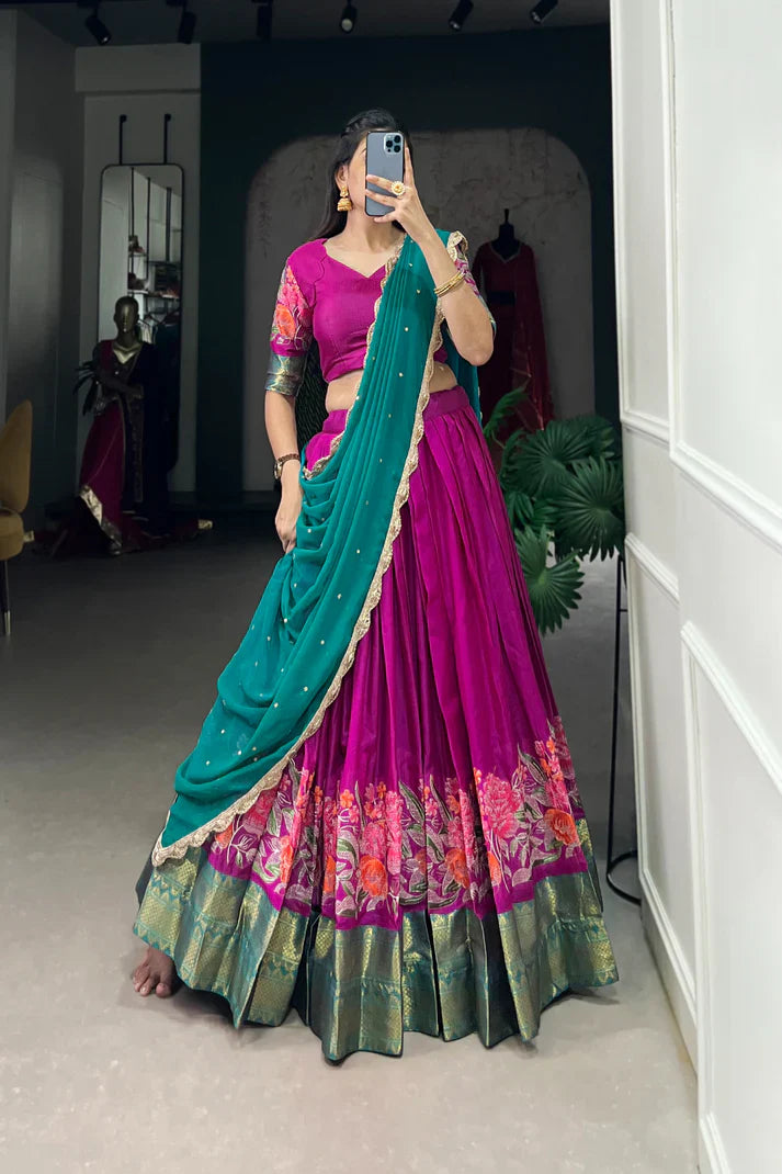 Cotton Silk Lehenga with Thread Embroidery and Sequined Dupatta