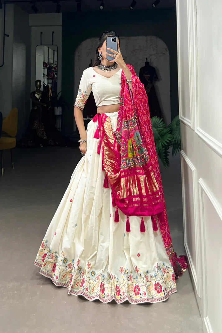 Khadi Cotton Embroidered Lehenga Set with Sequin Work & Gaji Silk Dupatta – Traditional Festive Wear
