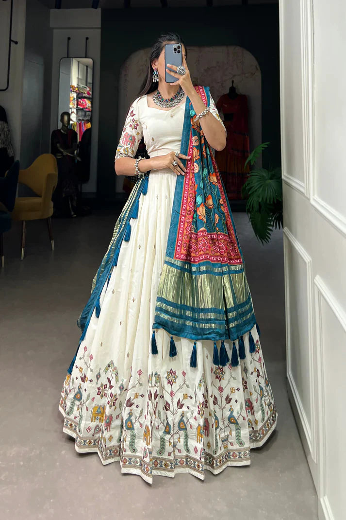 Khadi Cotton Lehenga Set with Sequins & Thread Embroidery and Gaji Silk Dupatta