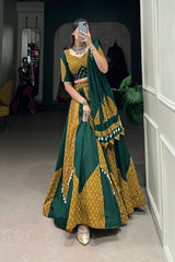 Mustard & Green Cotton Chaniya Choli with Cowrie Lace for Navratri Festival