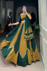 Mustard & Green Pure Cotton Chaniya Choli with Cowrie (Kodi) Lace – Perfect for Navratri Festivities