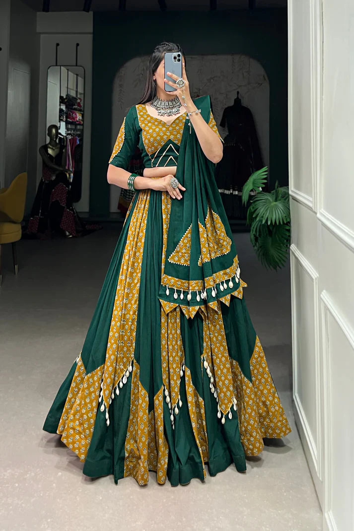 Mustard & Green Pure Cotton Chaniya Choli with Cowrie (Kodi) Lace – Perfect for Navratri Festivities