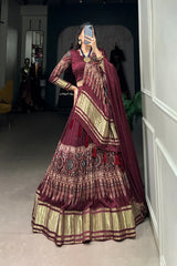 Elegant Gaji Silk Lehenga Set with Digital Print & Lagadi Patta – Stitched Lehenga with Tassel Drawstring