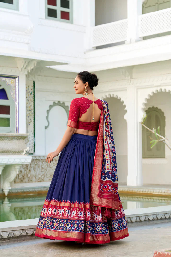 Stitched Tussar Silk Lehenga Set with Patola Print and Foil Work