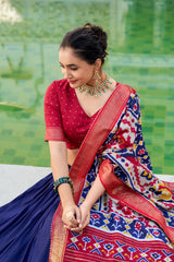 Stitched Tussar Silk Lehenga Set with Patola Print and Foil Work