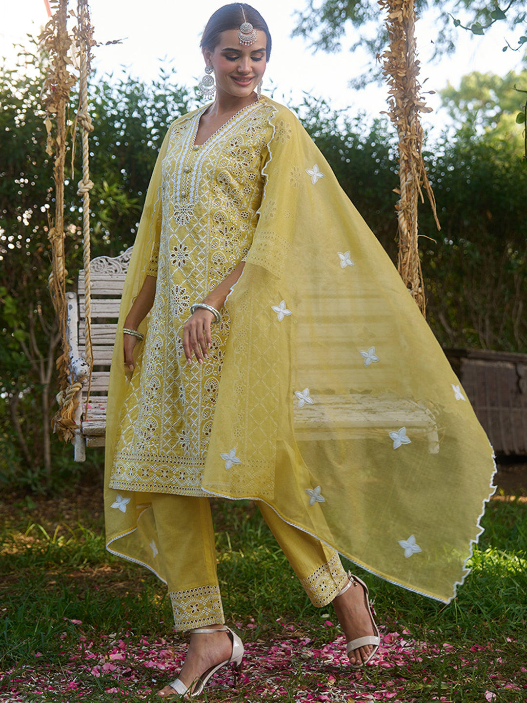 Yellow Cotton Schiffli Embroidered Kurta Set with Organza Dupatta