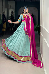 Elegant Pure Rayon Lehenga with Embossed Lace & Mirror Gamthi Work - Full Stitched Set