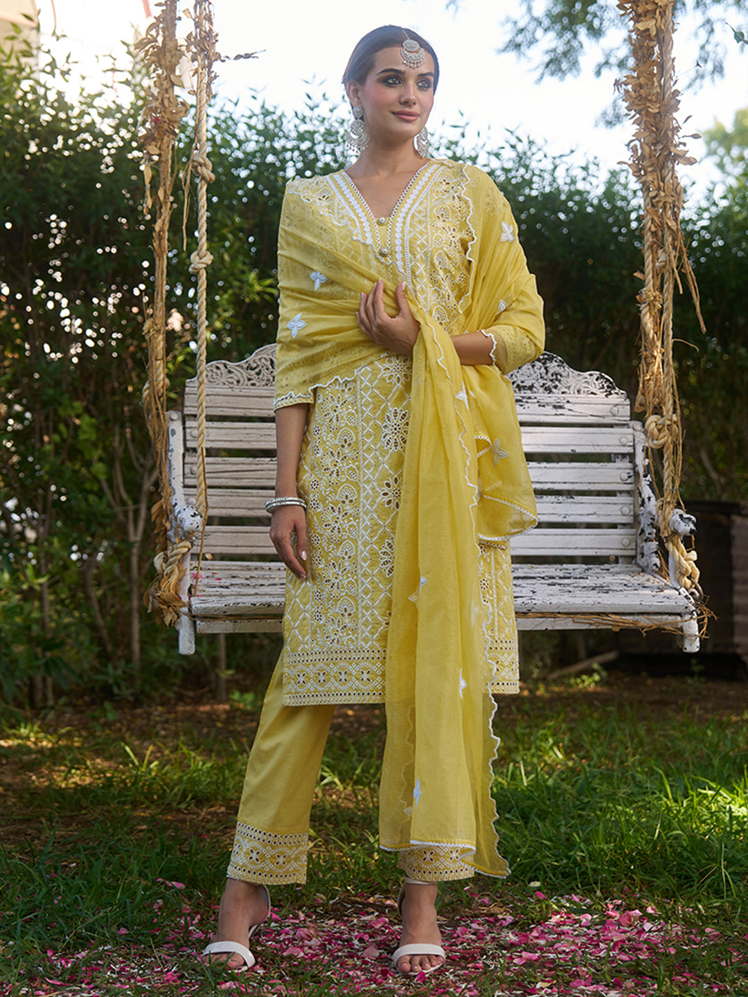 Yellow Cotton Schiffli Embroidered Kurta Set with Organza Dupatta