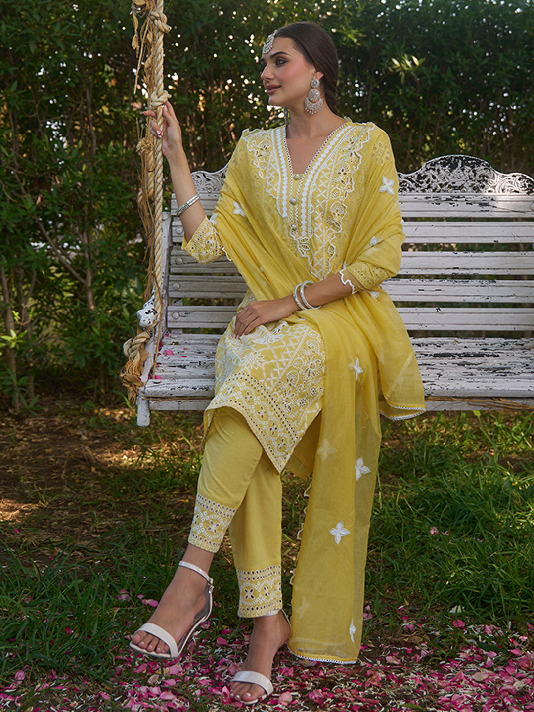 Yellow Cotton Schiffli Embroidered Kurta Set with Organza Dupatta