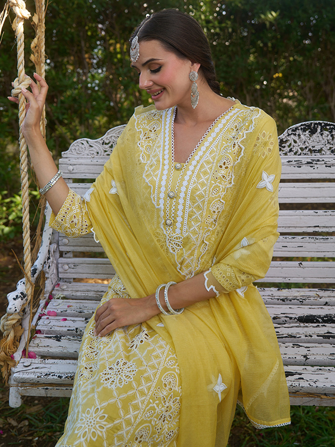 Yellow Cotton Schiffli Embroidered Kurta Set with Organza Dupatta