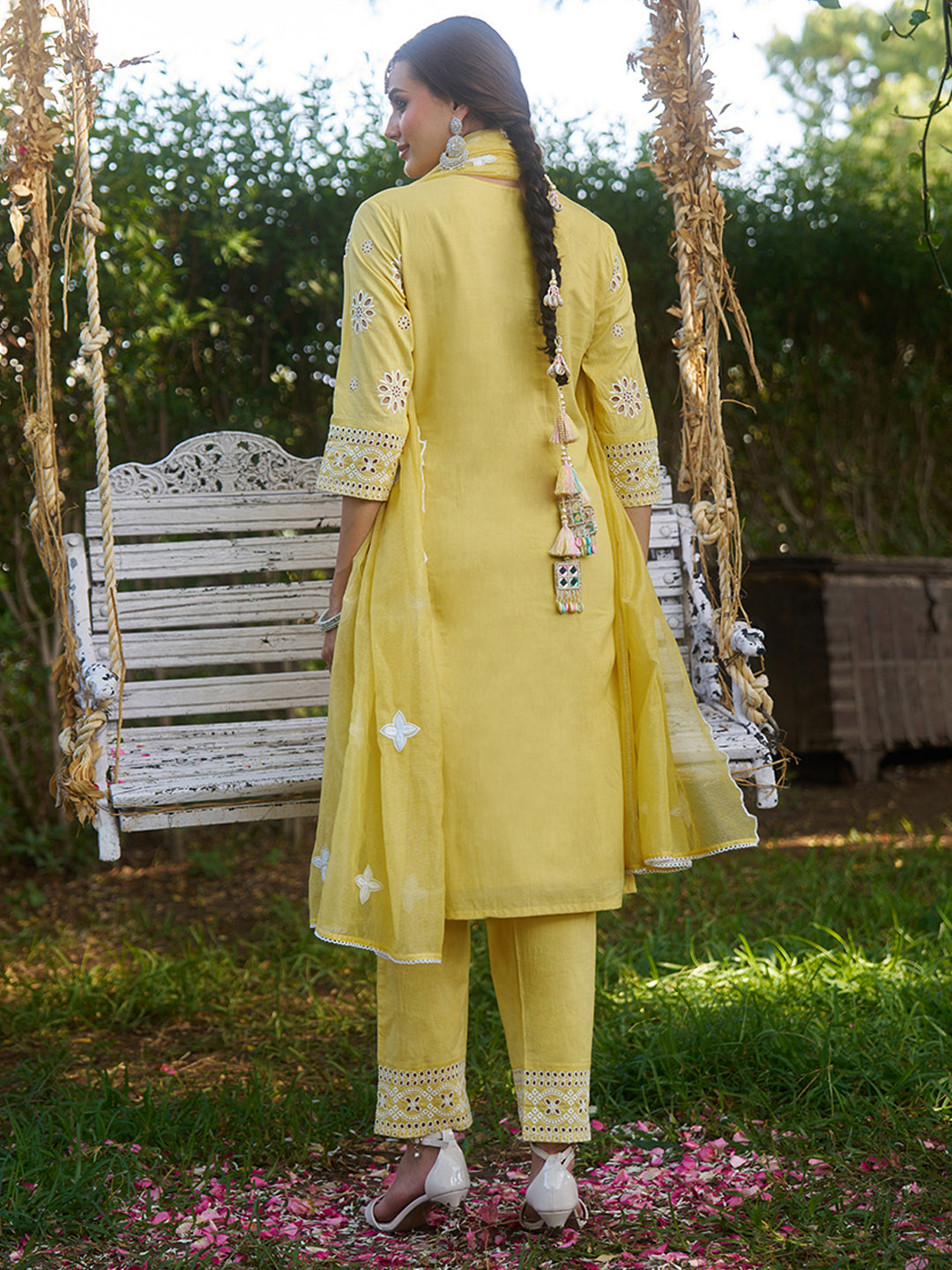 Yellow Cotton Schiffli Embroidered Kurta Set with Organza Dupatta
