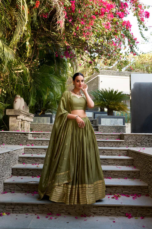 Traditional Pure Chanderi Lehenga with Zari Weaving and Sequins Embroidery Dupatta