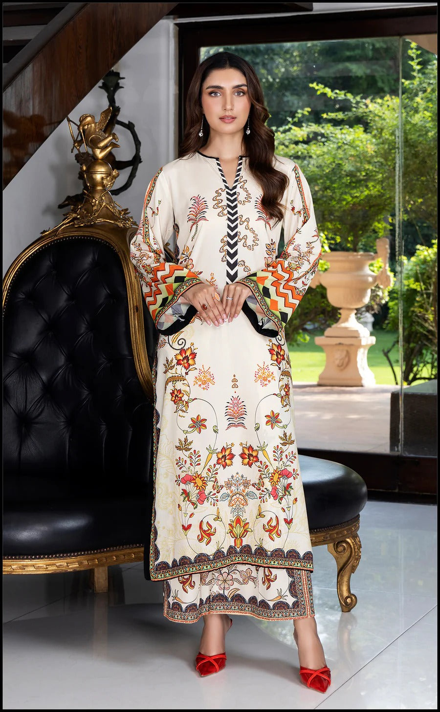 Cream Printed Silk Crepe Kurta & Palazzo Set – Vibrant Floral & Geometric Design