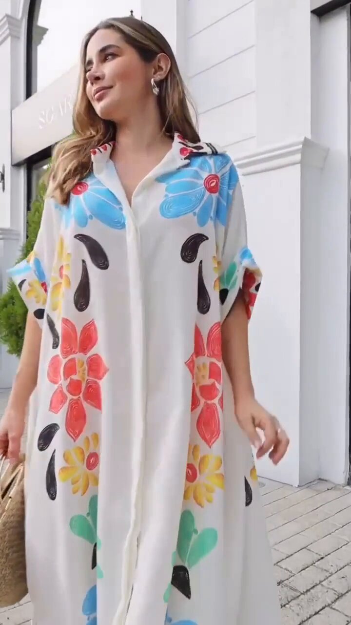 Delicate White Floral Dress – Vibrant Spring Blooms in Soft Korean BSY Fabric