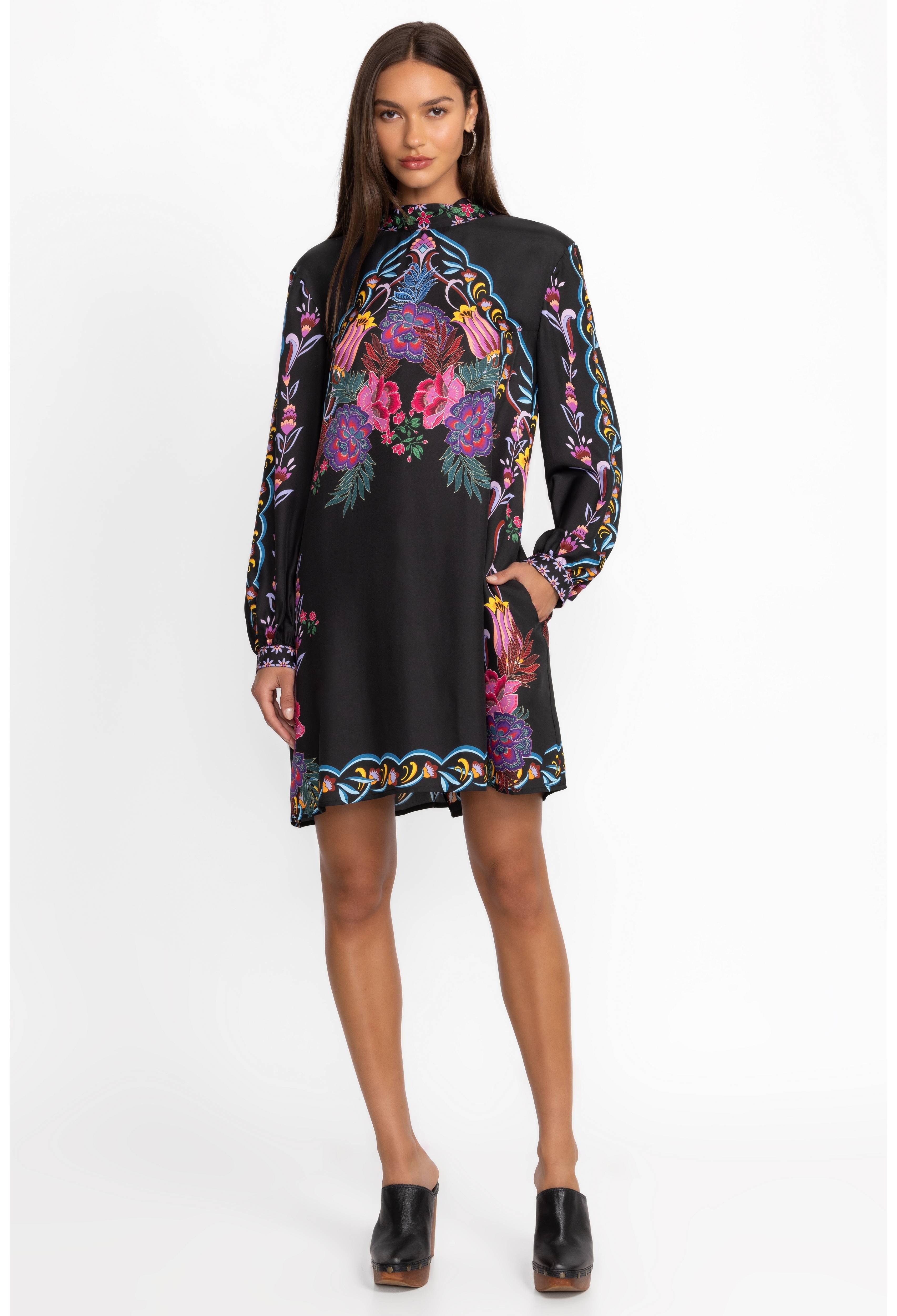 Twilight Bloom Black Dress – Elegant Florals on Luxurious Swiss Silk Satin