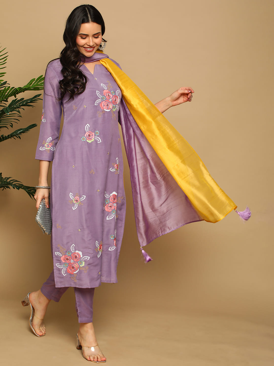 Lilac Embroidered Kurta Set with Dupatta
