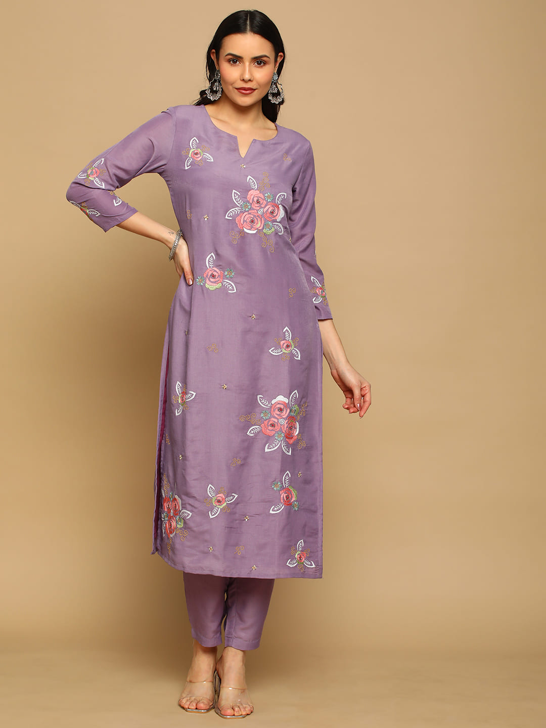 Lilac Embroidered Kurta Set with Dupatta
