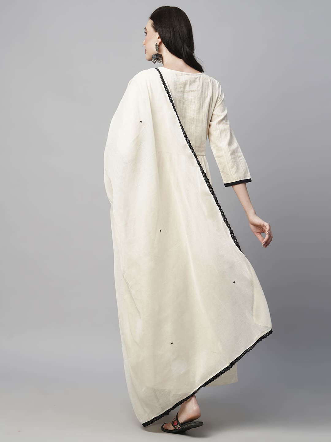 Cream Floral Yoke Design Empire Pure Cotton Kurta Set with Dupatta