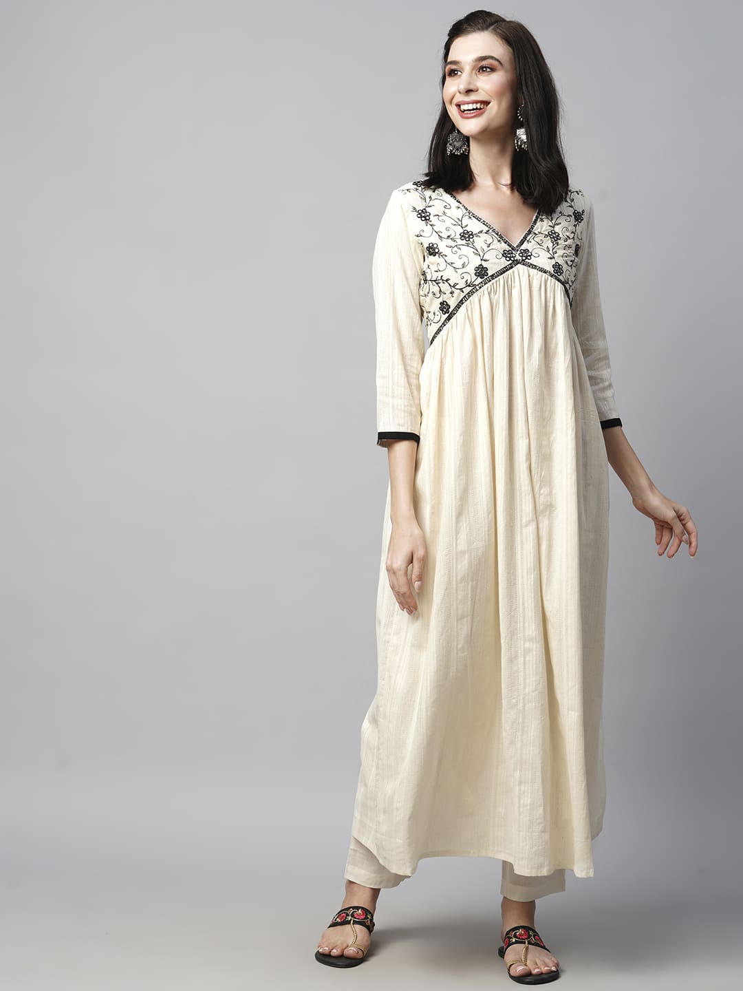 Cream Floral Yoke Design Empire Pure Cotton Kurta Set with Dupatta