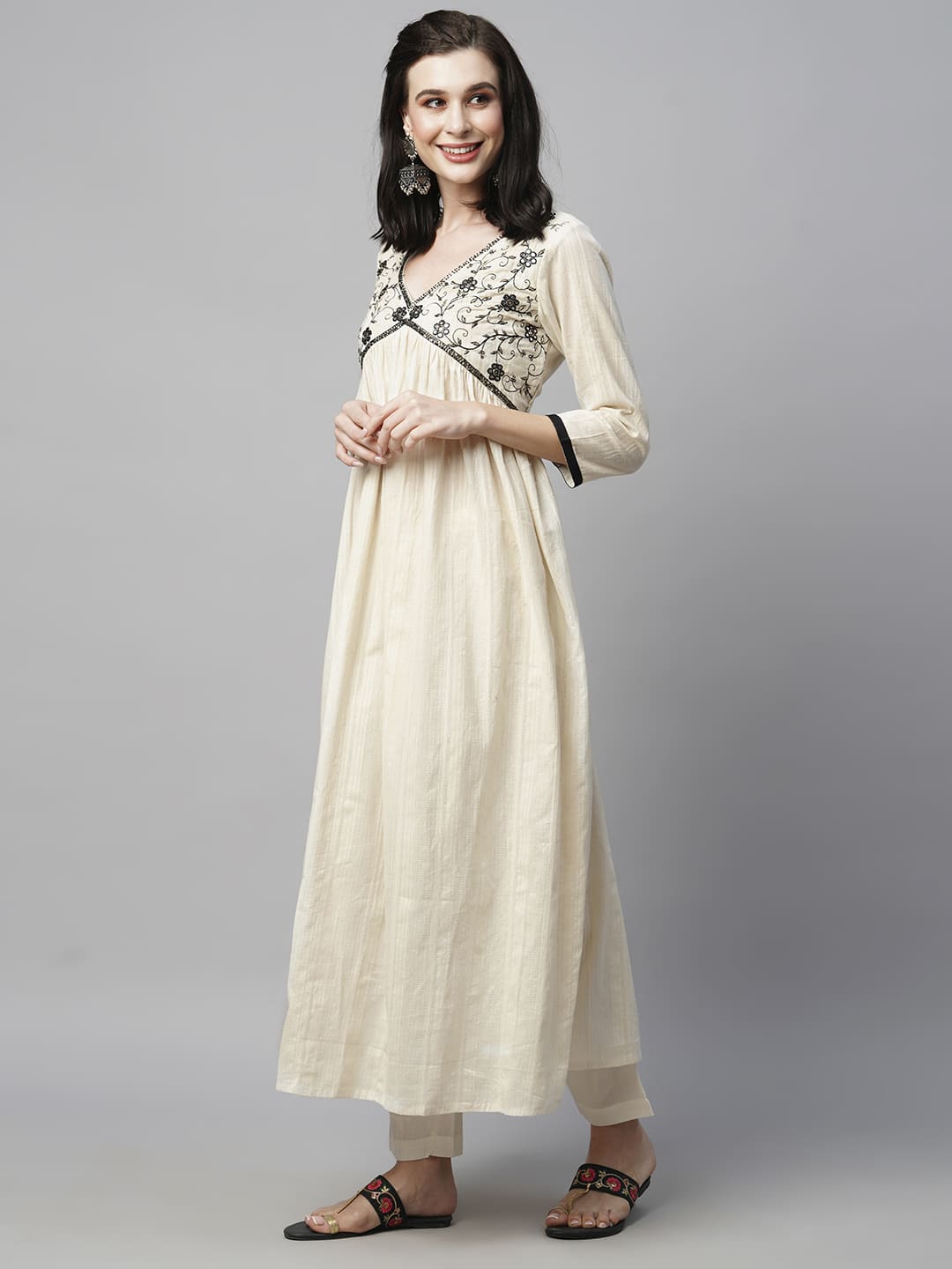 Cream Floral Yoke Design Empire Pure Cotton Kurta Set with Dupatta