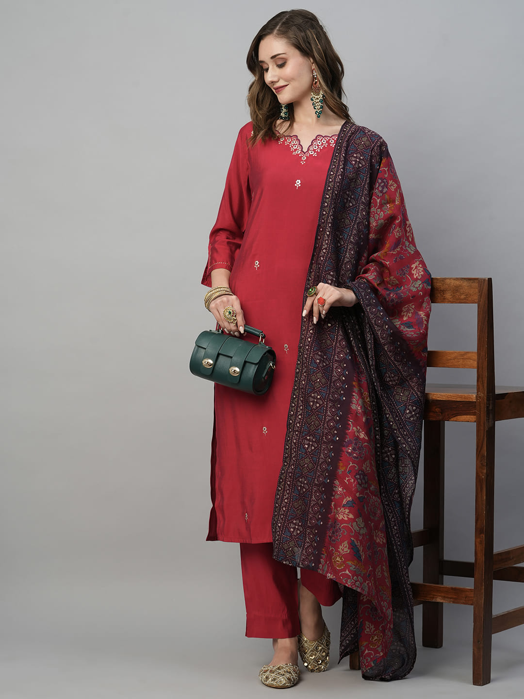 Maroon Embroidered Kurta Set with Printed Dupatta