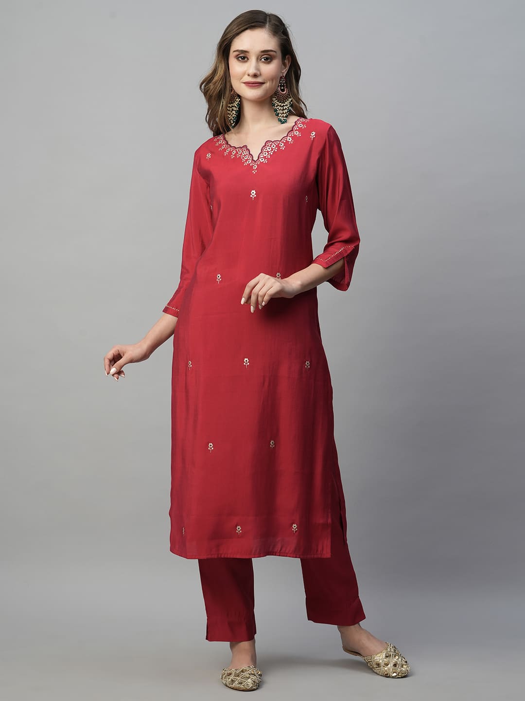 Maroon Embroidered Kurta Set with Printed Dupatta