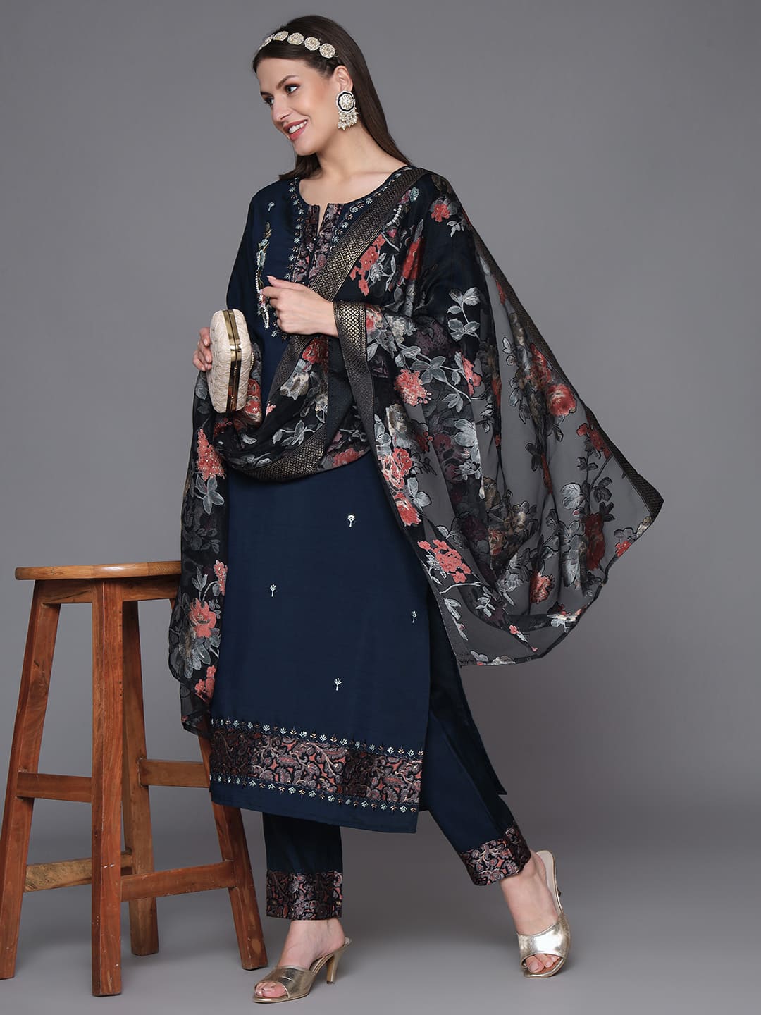 Blue Muslin Silk Printed Kurta Set with Hand Work Detailing